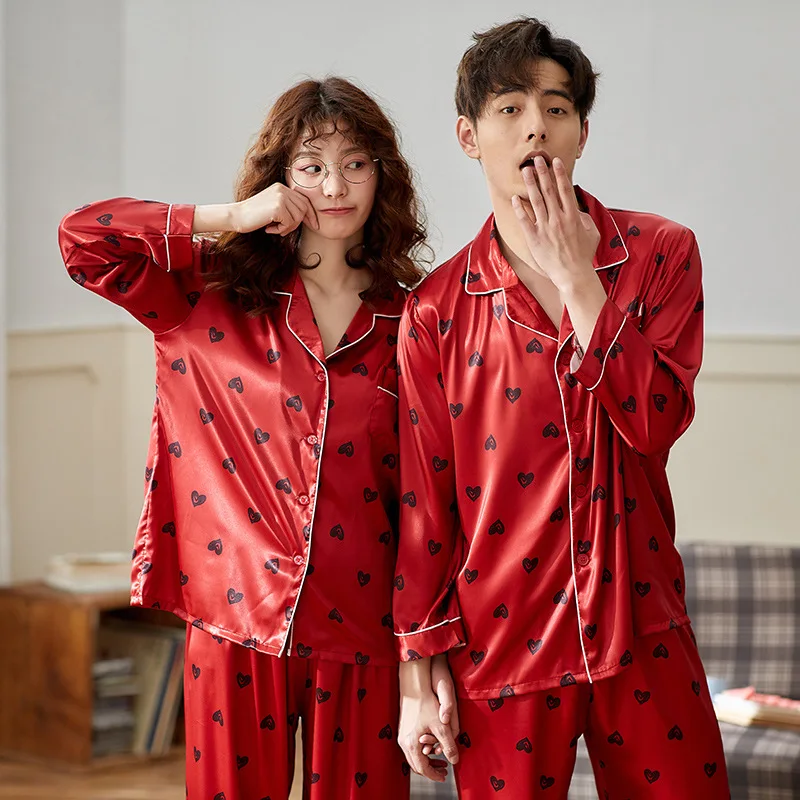 

Couple Pajama Sets Silk Satin Pijamas Sleepwear His-and-her Home Suit Pyjama For Lover Man Woman Lovers' Clothes