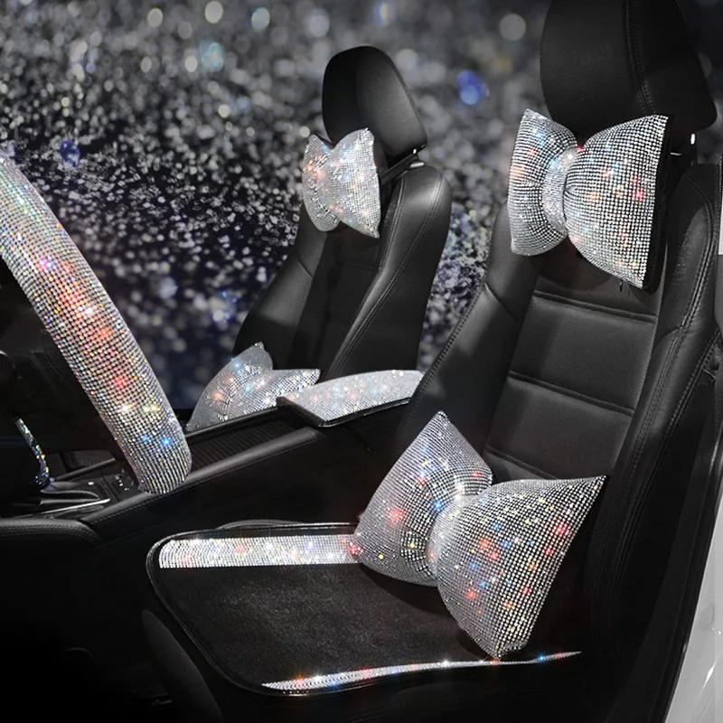 

Bling Rhinestones Car Seat Pillow Set Diamond Bowknot Girls Headrest Lumbar Waist Support Neck Rest Protect Cushion Accessories