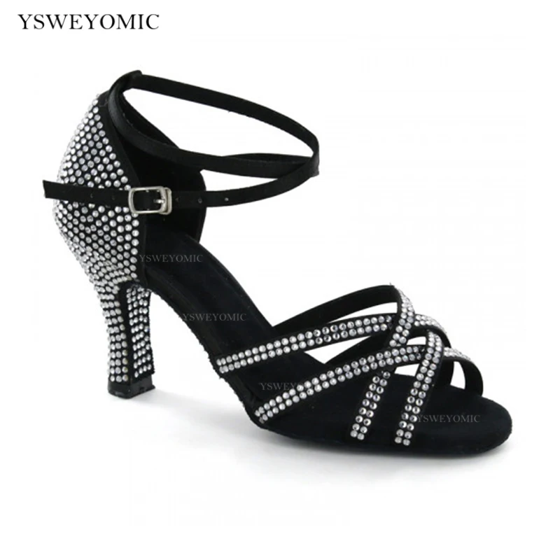 Professionally Salsa Latin Shoes Black Satin High Quality Rhinestones On Outsole Fashion Summer Latin Dance Sandals Dance Shoes