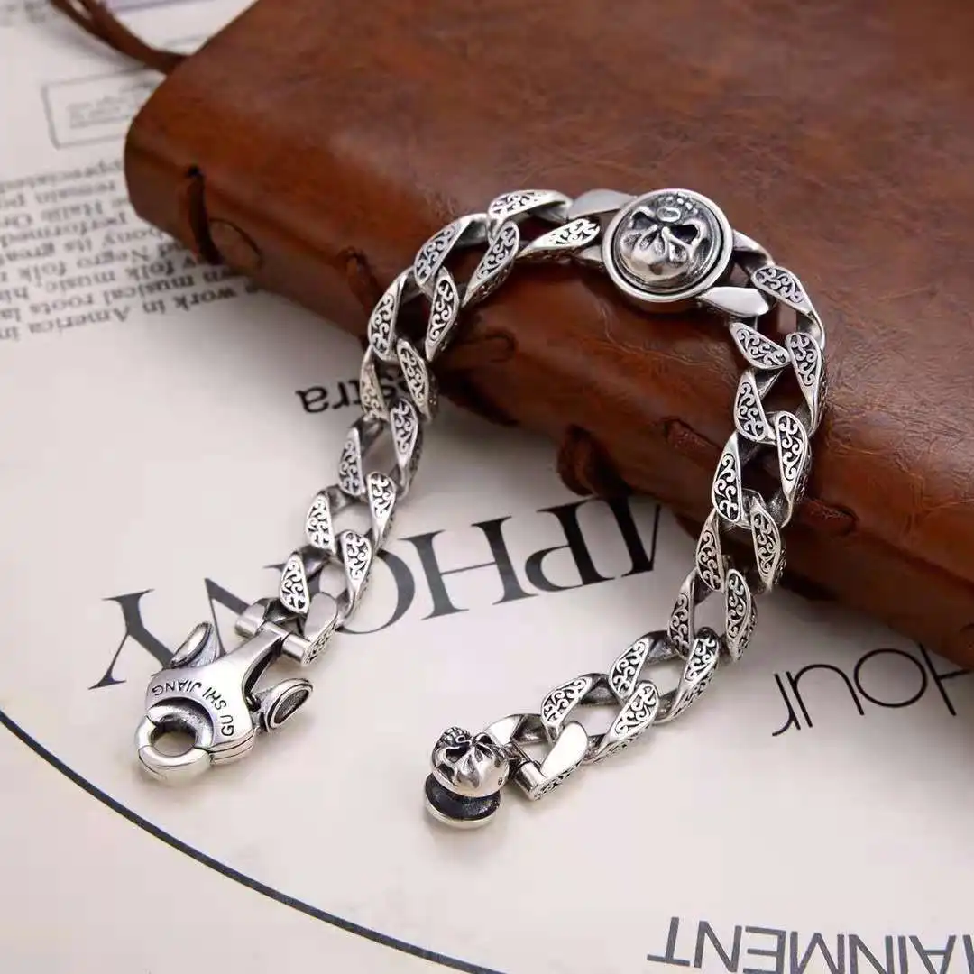 

Real s925 Silver Jewelry Trend Rotating Skull Retro Fashionable Tang Grass Pattern Personality Man Bracelet