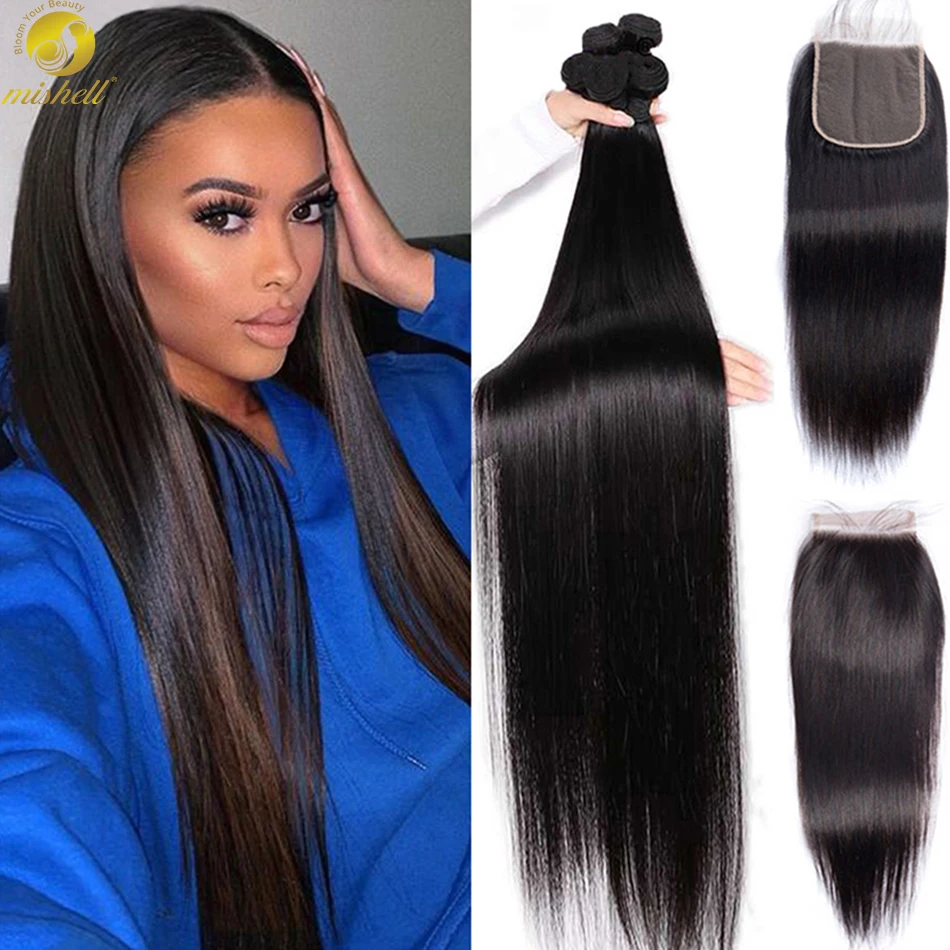 Mishell 28 30 32 34 40 Inch Peruvian Hair Bundles Straight 3 4 Bundles With Closure Human Hair Extensions Wave 4x4 Lace Frontal