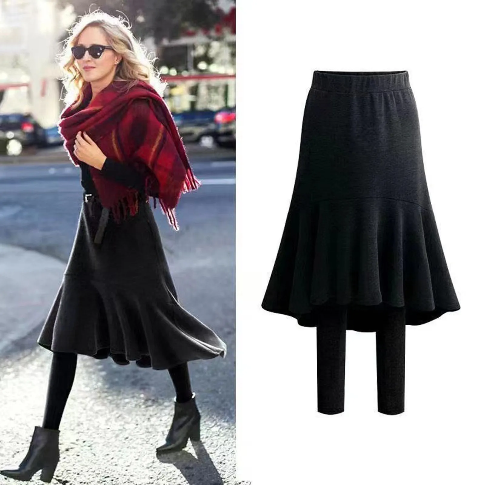 

Women's Autumn Winter Midi Skirts Fashion High Waist Fake Two Piece Leggings Skirts For Women Office Lady Black Skirts faldas