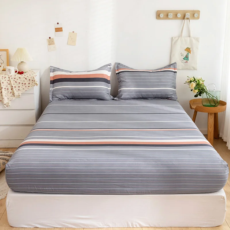 

Bonenjoy 1pc Fitted Bed Sheet With Elastic Simple Style Gray Stripe Bottom Sheet Queen/King Size Bed Sheet (wtihout pillowcase）