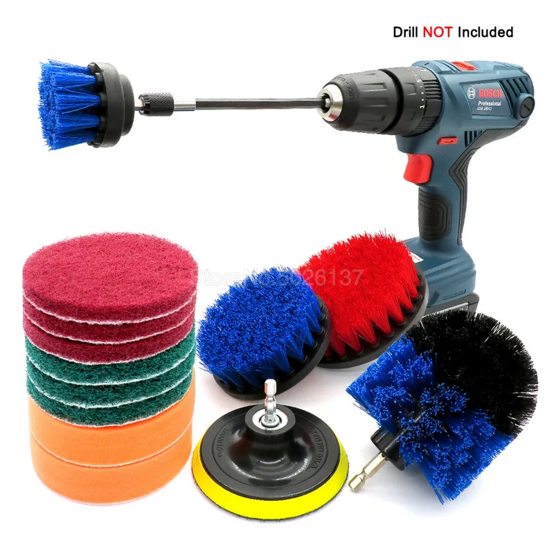 

14 Set Drill Brush Power Cleaning Scrubber Nylons Attachment Kit With Extender For Bathroom Tub Shower Tile And Car Scrub Clean