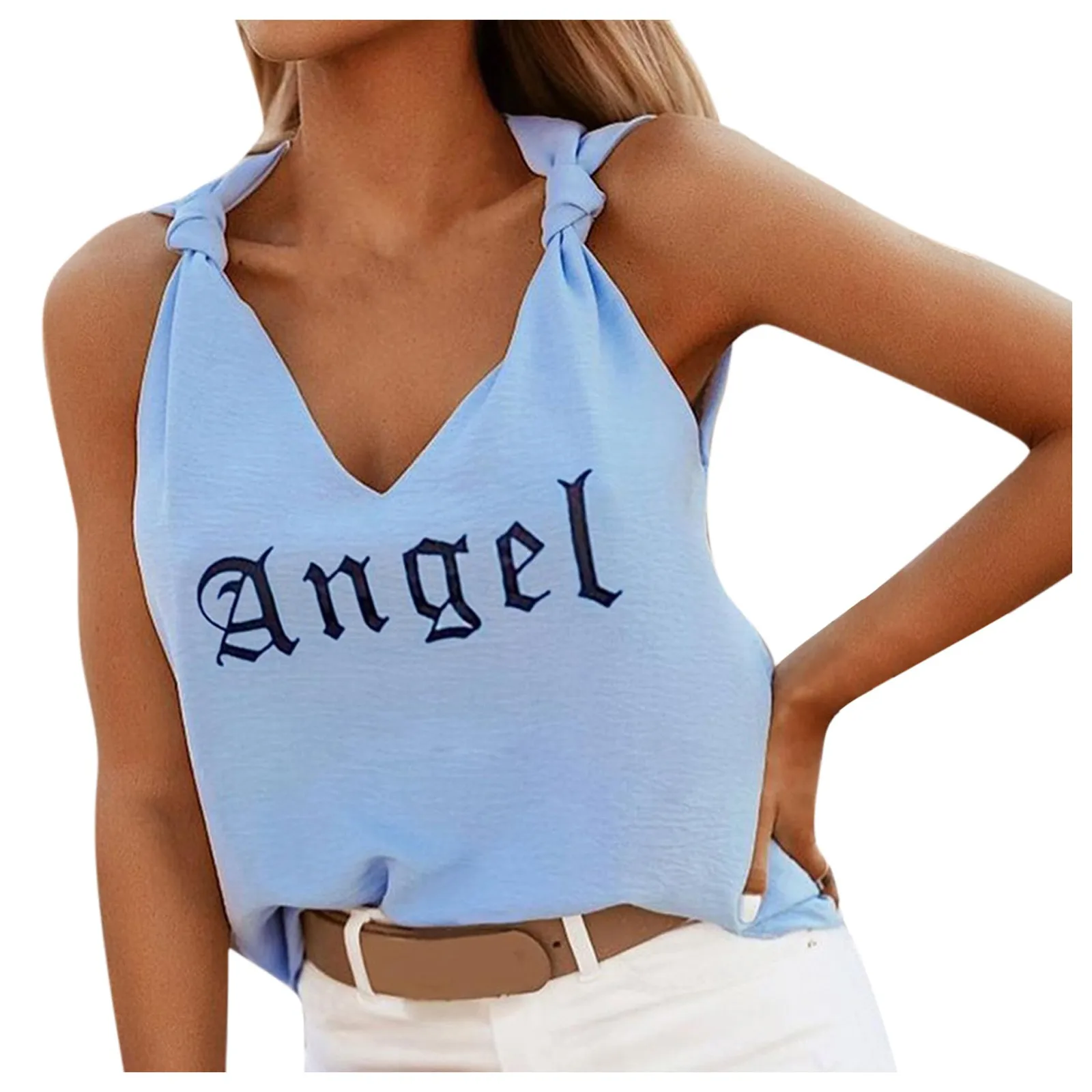 

#Q4 Sexy Off Shoulder Lady Blouses 2021 Summer Sleeveless V Neck Letter Print Womens Tops Elegant Office Lady Tunic Blouse
