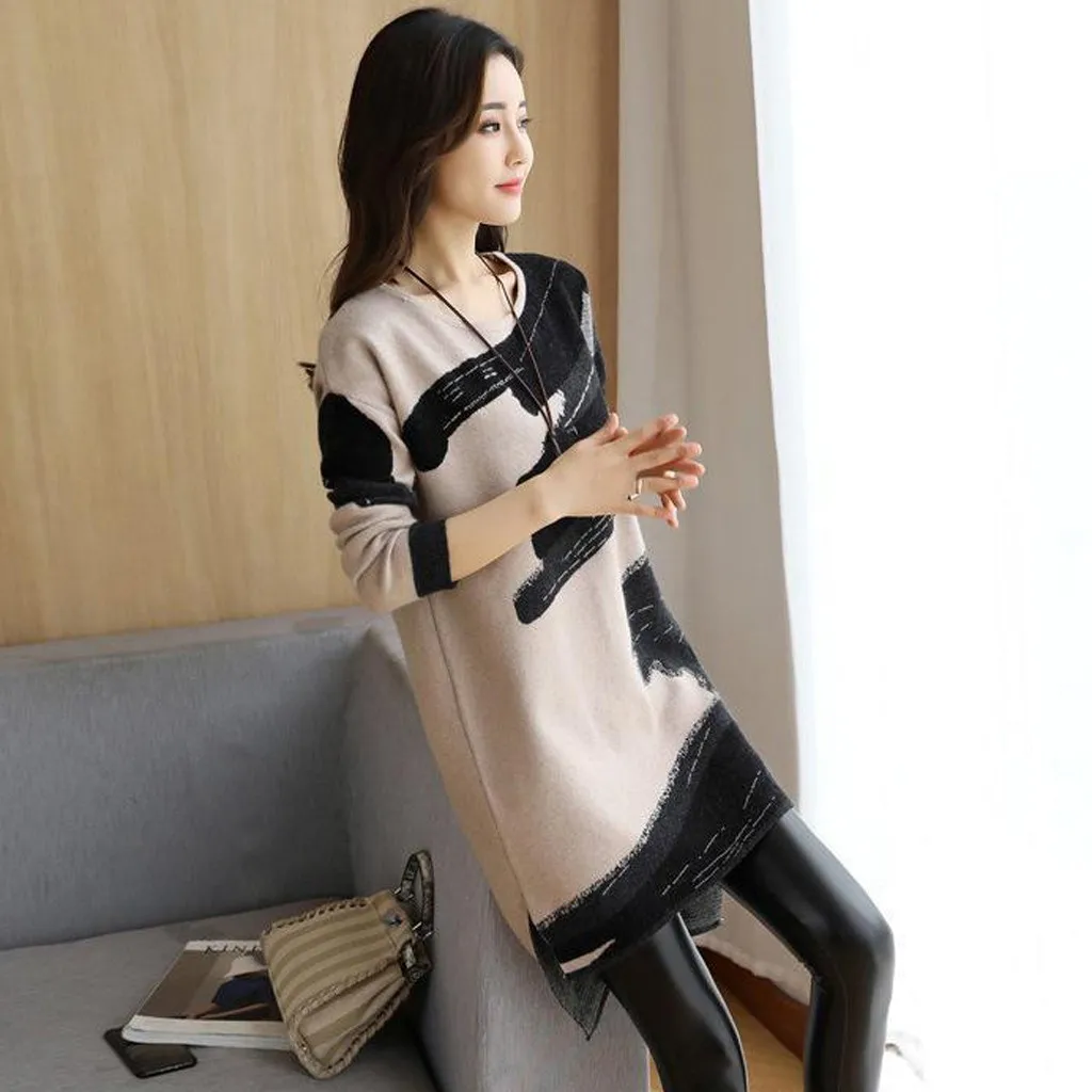 Осенне зимнее женское мини платье модное свободное с принтом и круглым вырезом