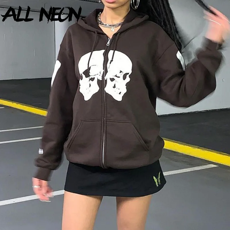 

ALLNeon Mall Goth Streetwear Skull Print Zipper Brown Hoodies Y2K Aesthetics Pockets Long Sleeve Grunge Punk Sweatshirts Autumn