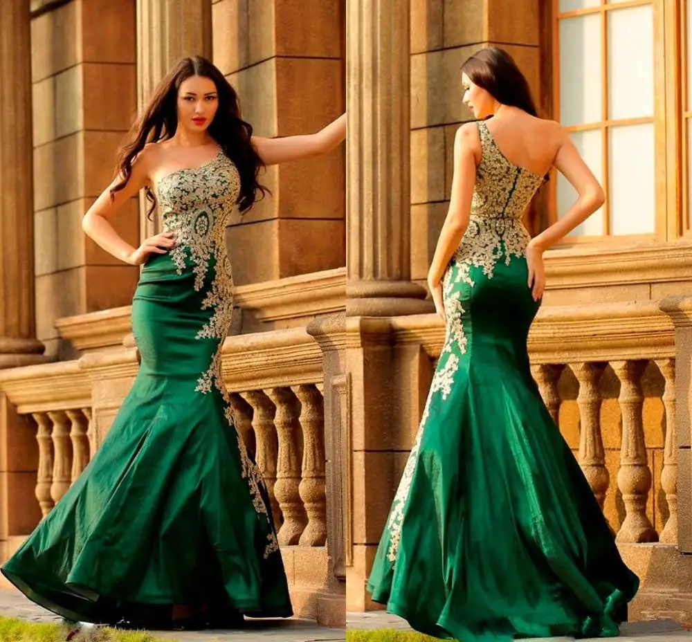 

Dubai Dark Green Mermaid Evening Dresses 2020 One Shoulder Backless Sweep Train Gold Appliques Formal Prom Party Gowns Vestidos