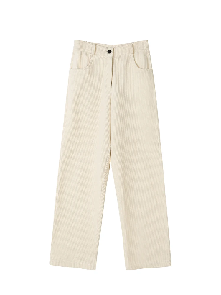 

Retro Corduroy White Solid Full Length Trousers Womens Pants