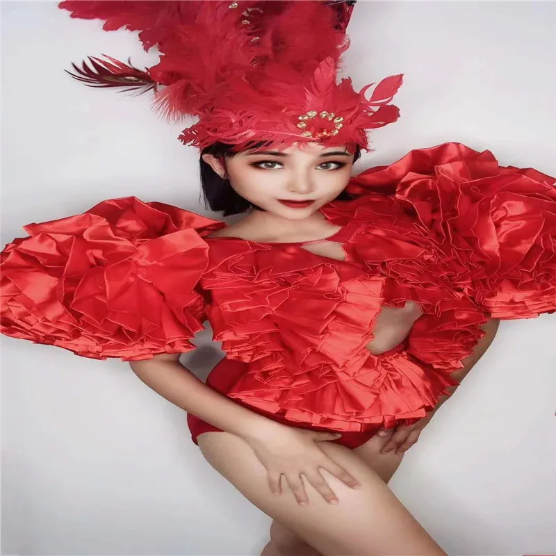 

Q85 Singer Bodysuit Feathers Headgear Gem Dancer High Elastic Stretched Outfit Model Show Tight Clothe Costume Club Party Prom