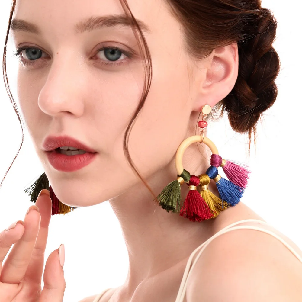 

Original Handmade Cotton Thread Colorful Tassel Earrings Circle Earrings Stainless Steel Ear Needle Jewelry Long Large Earrings