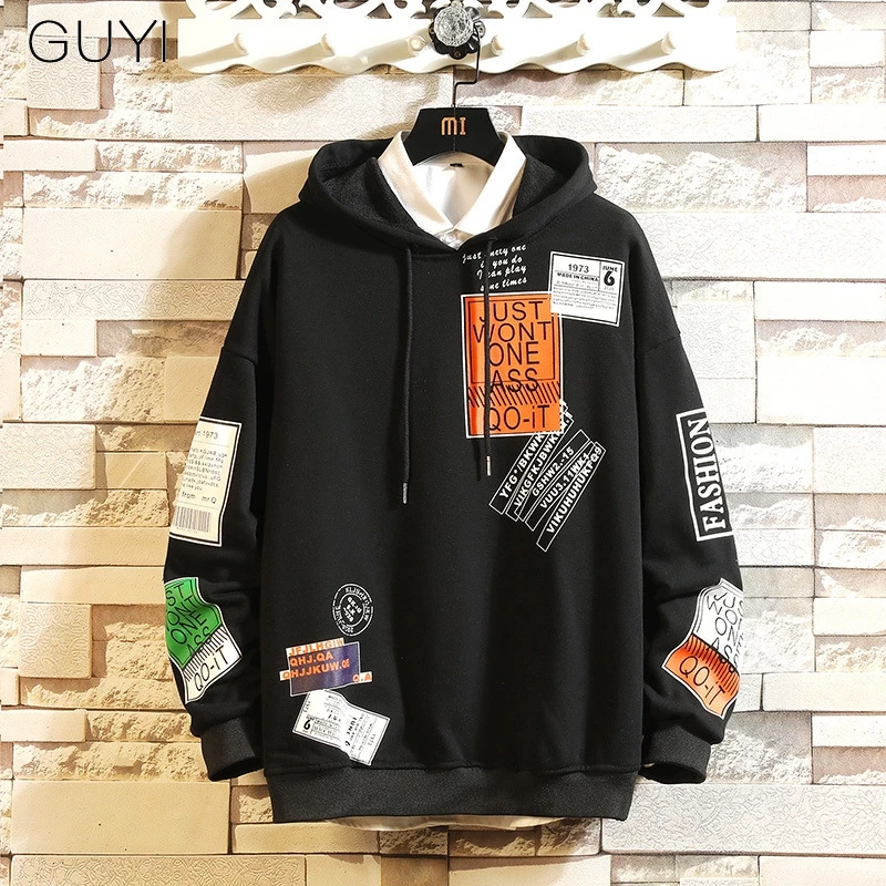 Черный GUYI/мужской пуловер с капюшоном и буквенным принтом; толстовки; мужские толстовки в стиле Харадзюку; хип-хоп; хипстер; уличная одежда; белая толстовка с капюшоном; - Цвет: Черный