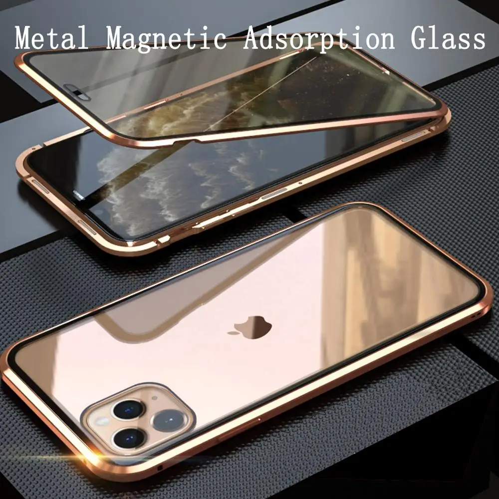 Магнитный адсорбционный металлический чехол для iPhone 11 Pro Max закаленное стекло