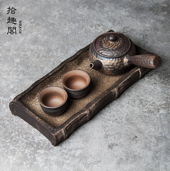 

style handmade rough pottery tea tray, retro ceramic dry bubble tray, office household kungfu tea table, small saucer