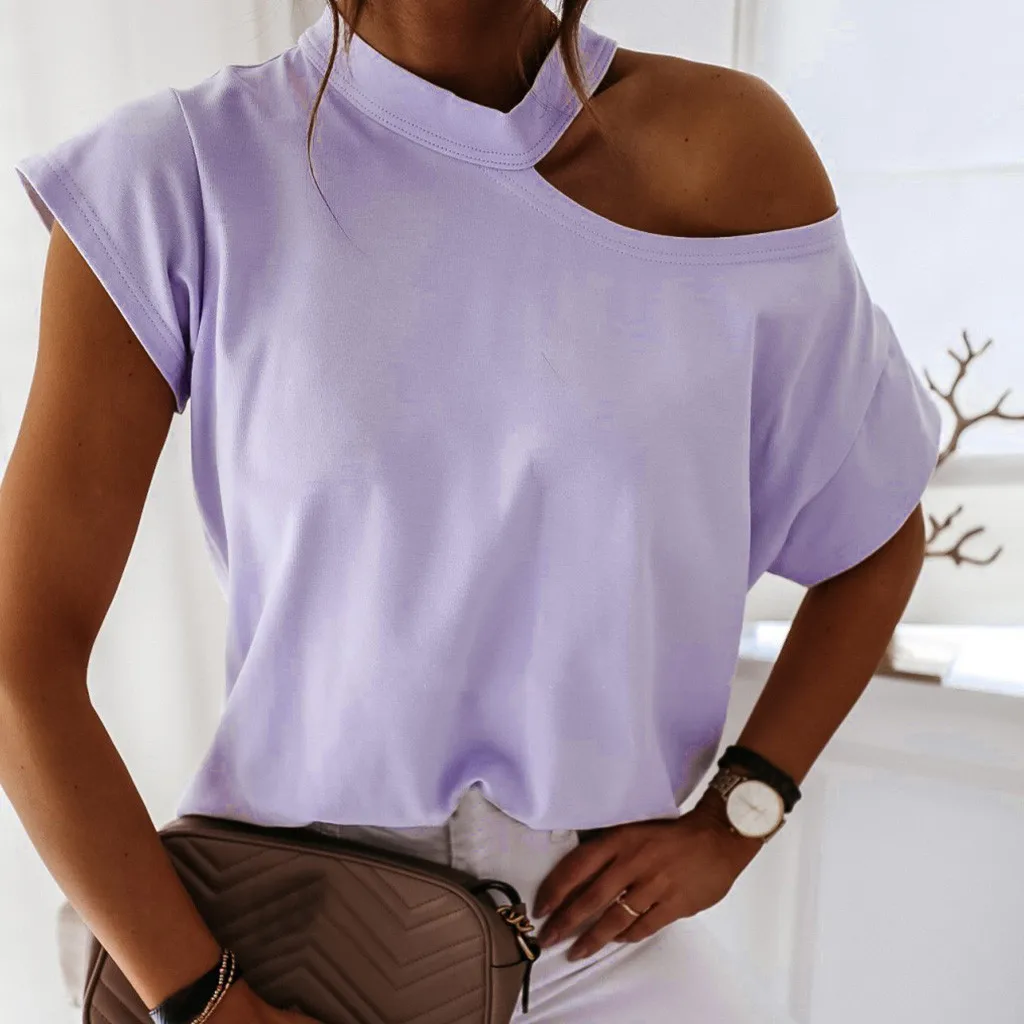 Футболка женская с открытыми плечами пикантный однотонный топ круглым вырезом и