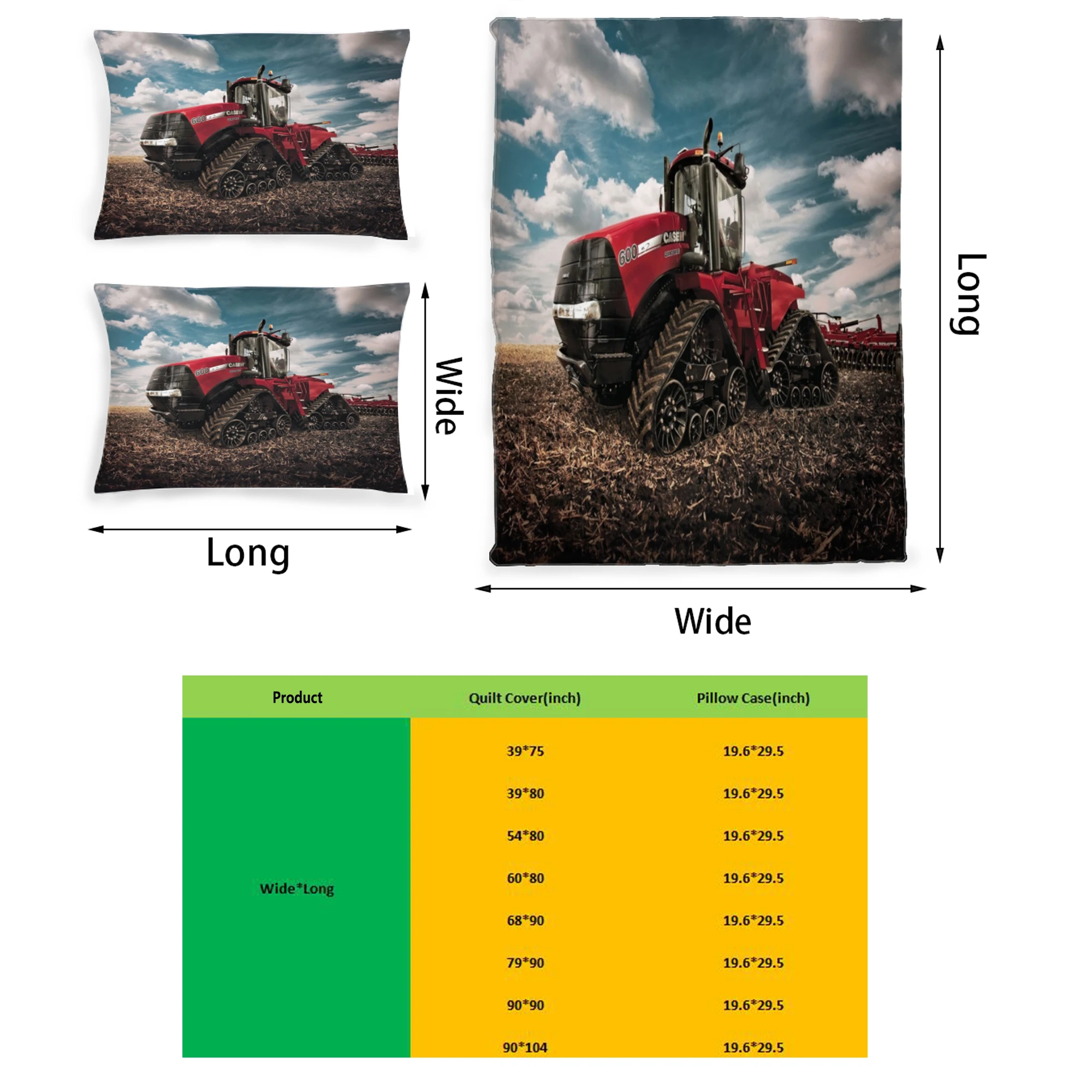 

Case Tractor Graphic Printed Bedding Set Pattern Printing Polyester Quilt Cover Set 3 Pieces Quilt Cover Pillow Cover Set