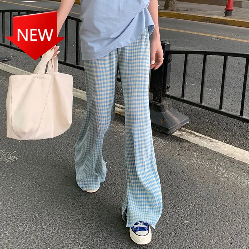 

Thin Loose Women 2021 Chic Fashion All-Match Straight Pleated Casual Mopping Pants Vintage Blue Plaid Slit High Waist Draping