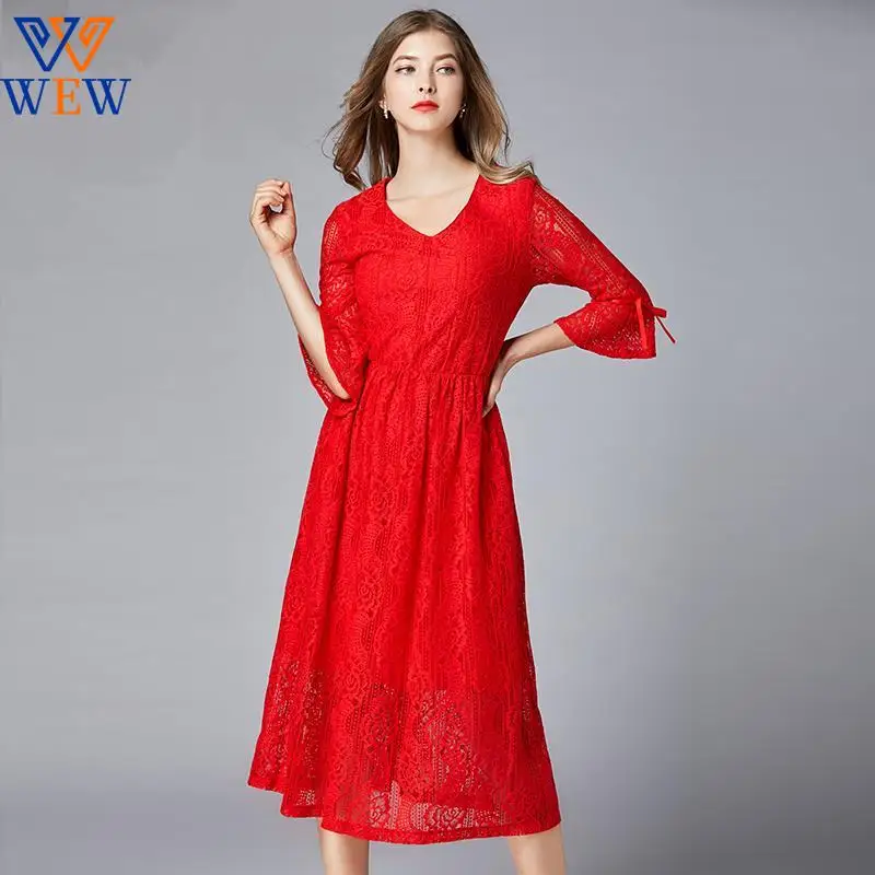 Женское кружевное платье с высокой талией элегантное облегающее красное до