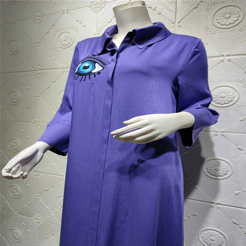 

Long Dresses for Muslim Women Fashion Casual Summer Clothing Ankle Length Solid Embroidery Lapel Loose Wholesale Dropshipping