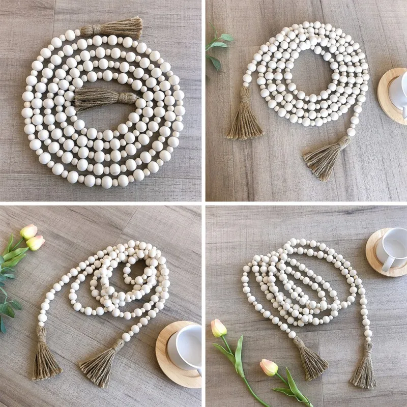 

Pastoral Style Pure White Wood Bead Flower Ring With Tassel Holiday Supplies Natural Family Decoration