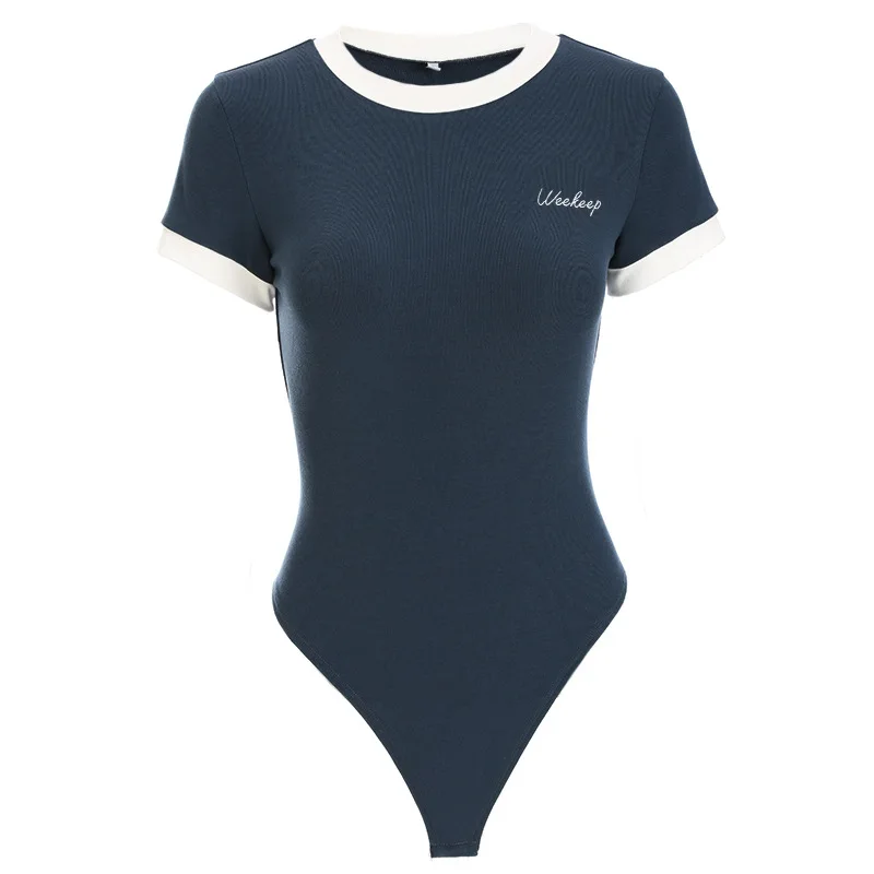 

Letter Embroidery Skinny Women Playsuits Short Sleeve Round Neck Contrast Color Rompers Summer Casual Streetwear Chic Bodysuits