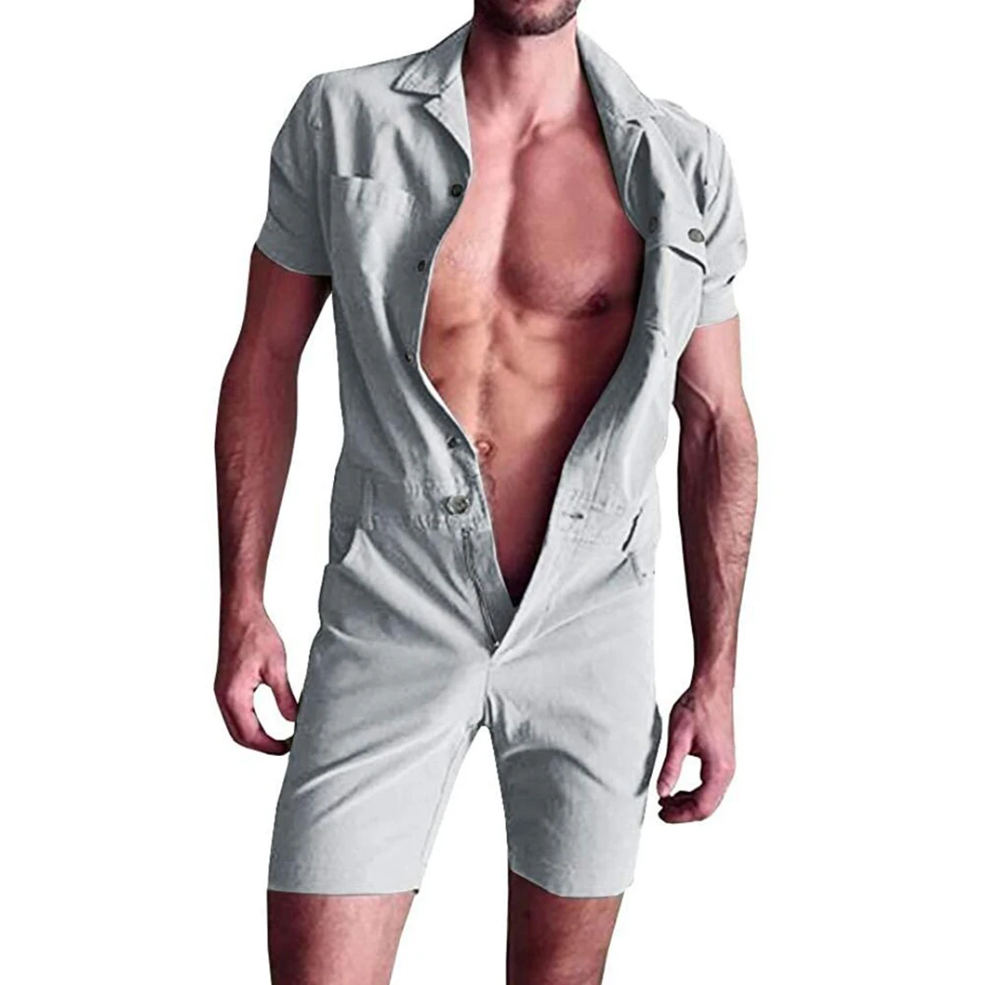 

2020 NEW Cotton Jumpsuit Mens Overalls Casual Lapel Short Sleeve Rompers Solid Overall Single Breasted Romper Pocket Short Pants