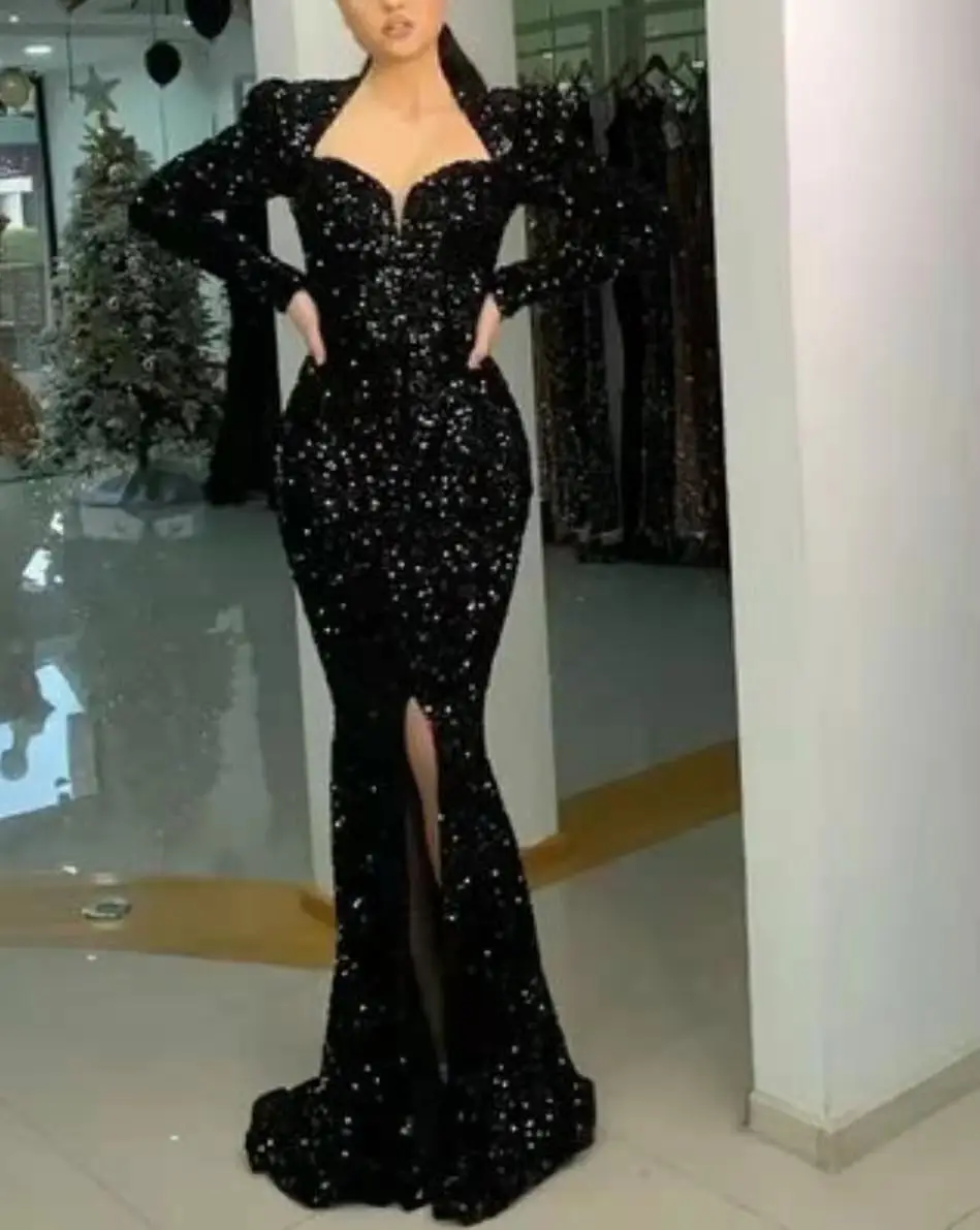 

Women's Long Black Sequin Mermaid Prom Dresses with Slit Robe De Soiree Trumpet Floor Length Zipper Back Formal Party Dresses