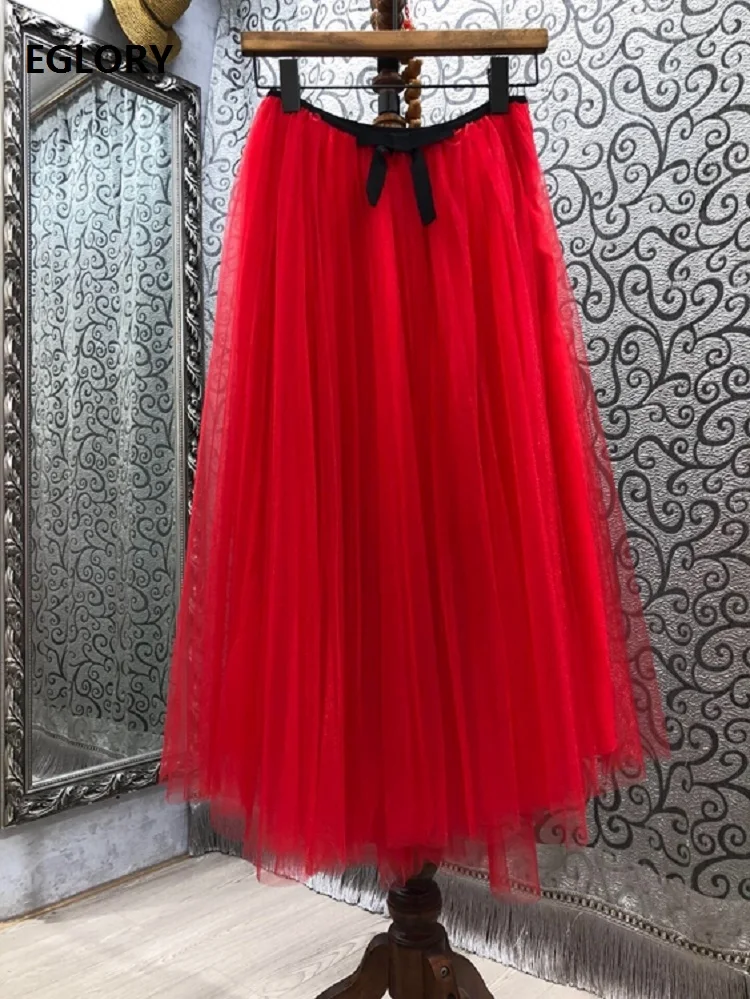 

100%Cotton Skirts 2021 Spring Summer Style Skirt Women Bow Deco Sexy Tulle Mesh Patchwork Casual Red Apricot Ball Gown Skirts