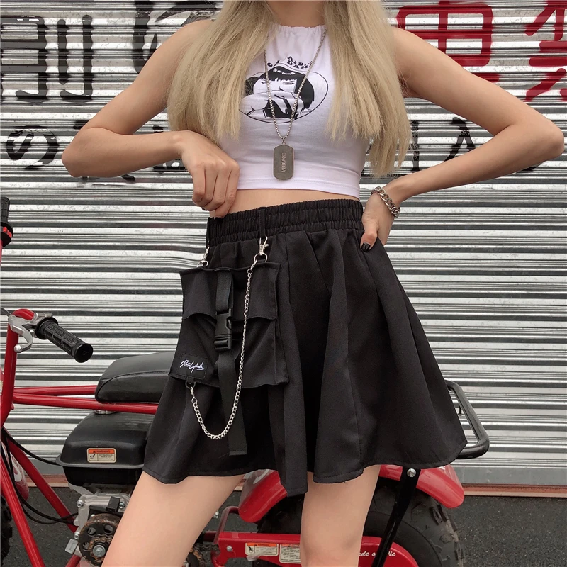 Готический панк-Юбка Для Женщин Harajuku с высокой талией сеть карманы
