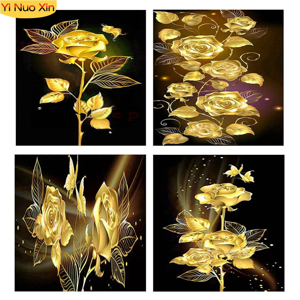 

YNX 5D Diy Diamond Painting Cross Stitch Mosaic Embroidery Art Magic Wall Stickers Full Square Gold Rose Flower Home Decor Gift