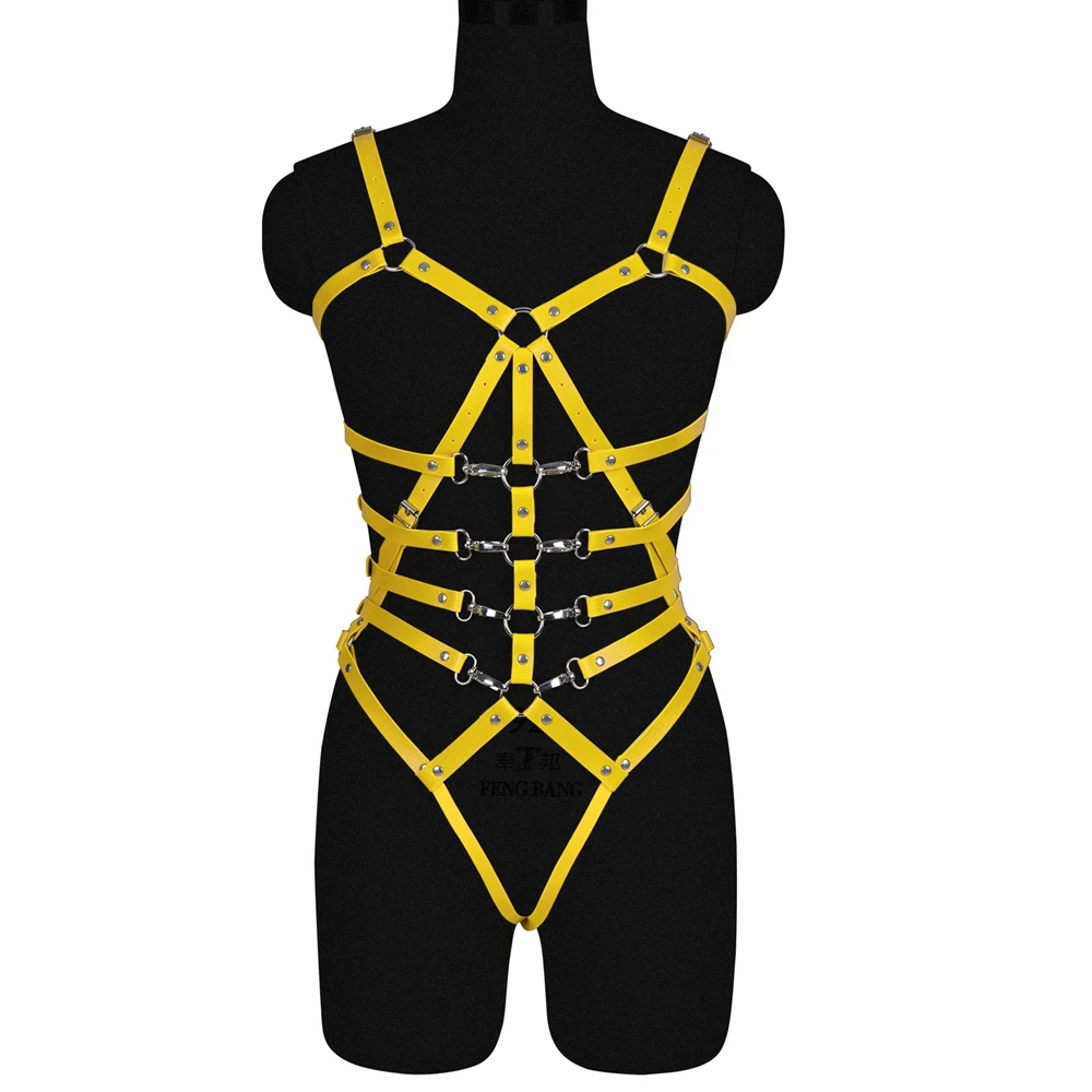 

Full Yellow Leather Body Bondage Harness Set Women Sexy Lingerie Erotic Gothic Suspenders Garter Belt Stockings Bdsm Body Straps