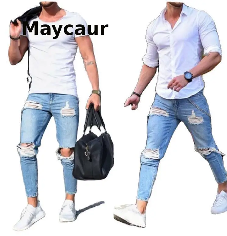 

2021 Streetwear Spring Summer Vintage Slim Ripped Jean Men Fashion Mid Waist Straight Denim Pants Casual Mens Denims Trouser