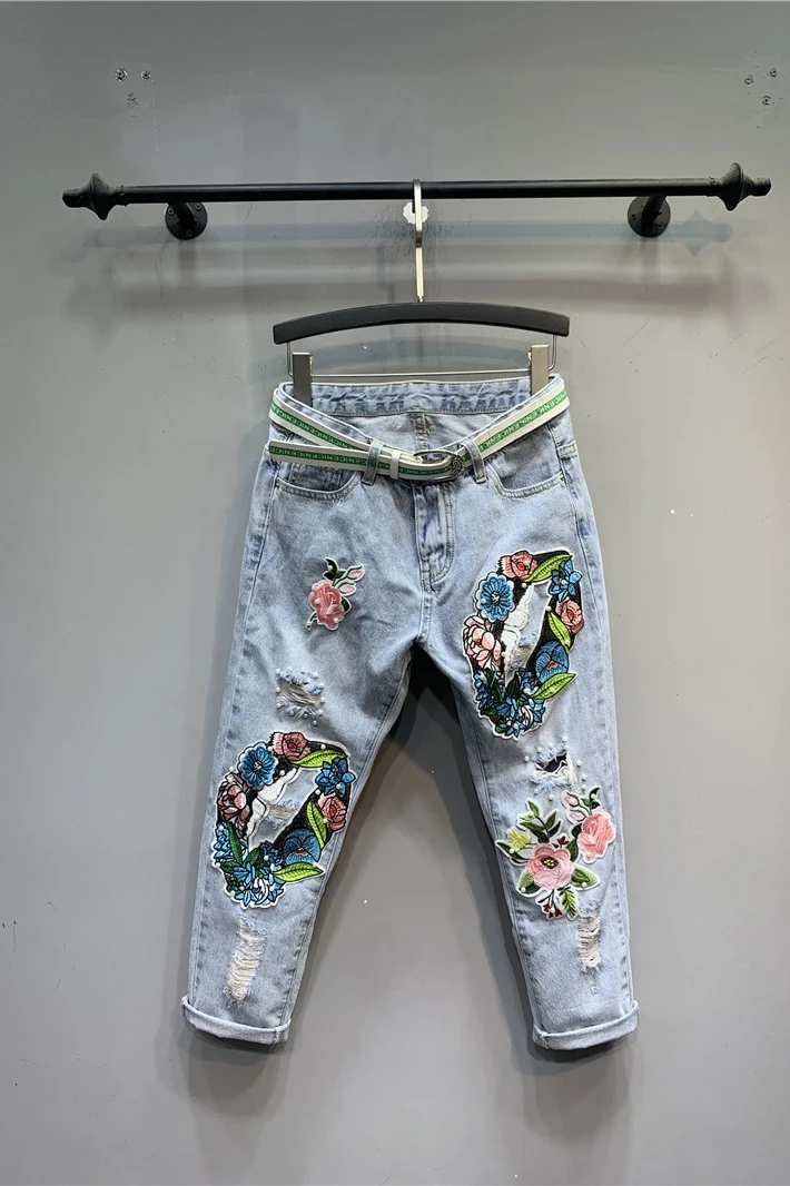 

Vintage Embroidered Flower Hole Beaded Light Color Loose-Fit Jeans Women's Clothing Loose Slimming Ankle-Tied Harem Pants Trendy
