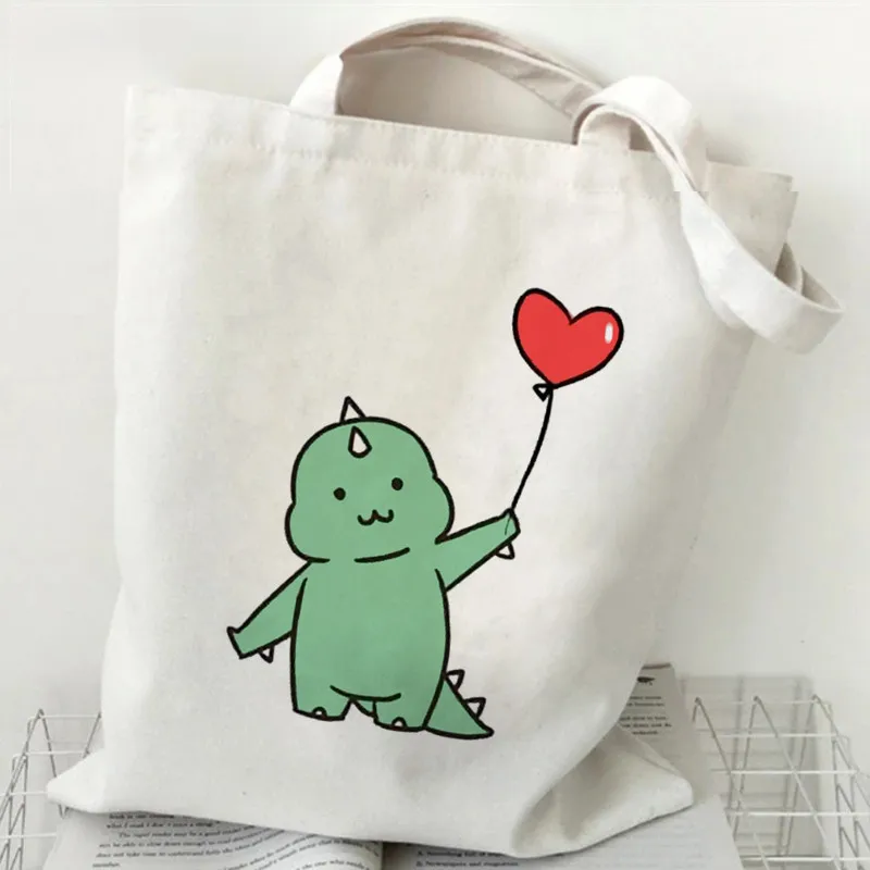 

Cute Dinosaur Student Book Bag Canvas Eco Reusable Handbag Tote Kawaii Graphic Print Shopping Bags Girls Fashion Casual Pacakge