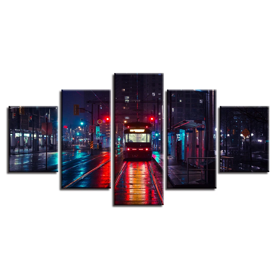 

Poster Canvas Wall Art Home Decor Living Room 5 Pieces Tramcar City Night Scene Pictures HD Printing Modular Paintings(No Frame)