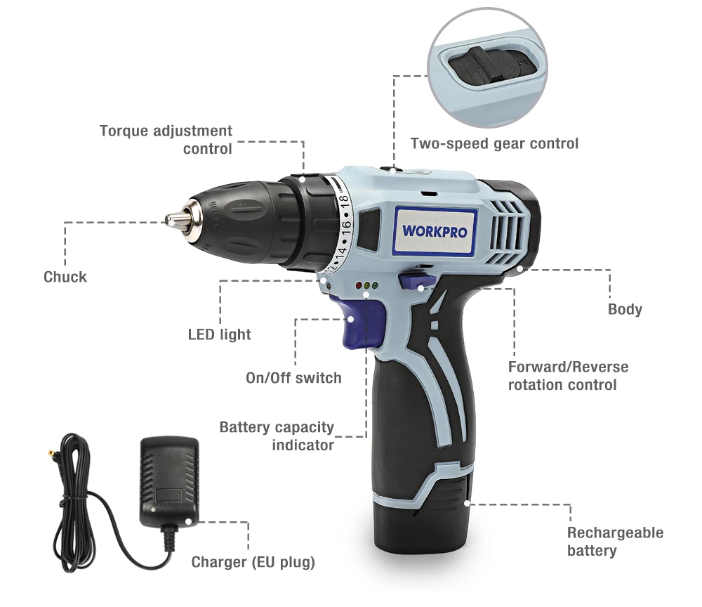 Шуруповерт WORKPRO Аккумуляторный с зарядкой от USB 3 6 В|Электрические отвертки| |