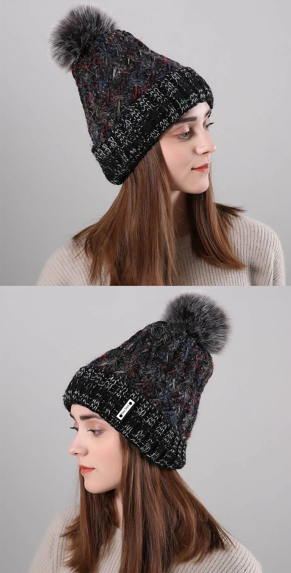 FS стиль зимние шапки для женщин Мех животных Pom Beanie вязаный Skullies Красный розовый плюс бархат открытый уха головы теплые шапки с помпоном