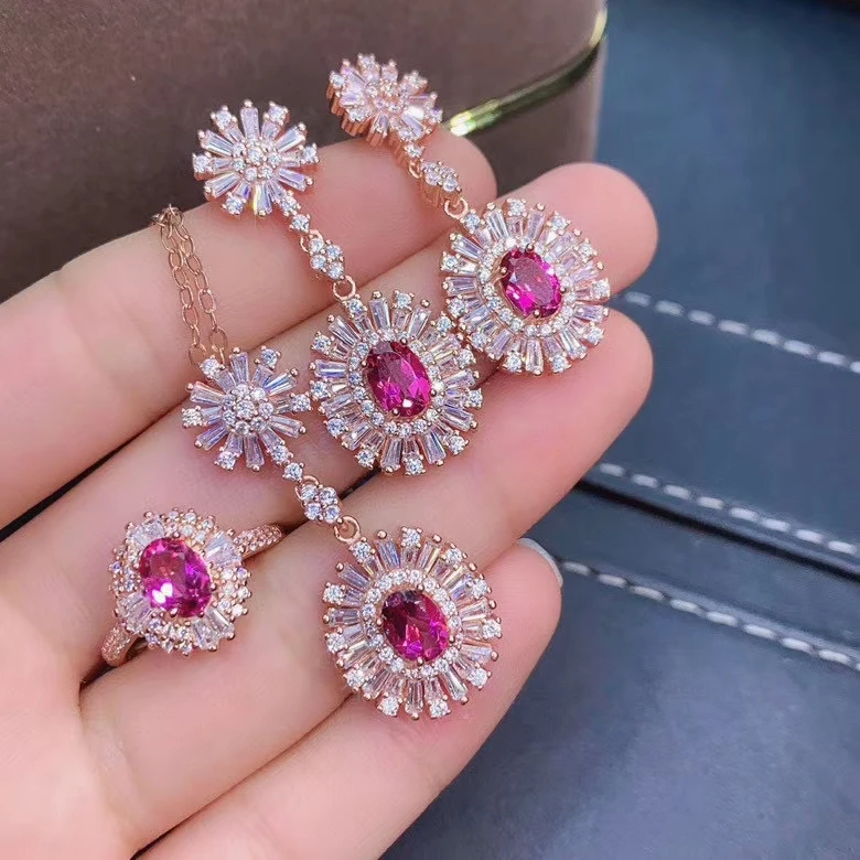 

MeiBaPJ набор ювелирных изделий из натурального розового топаза с цветком из драгоценных камней из чистого серебра 925 пробы комплект из 3 предм...