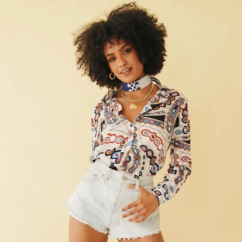 

2021 summer and autumn geometric figure printing slim fashion casual women's shirt bottoming shirt long sleeve coat clothes