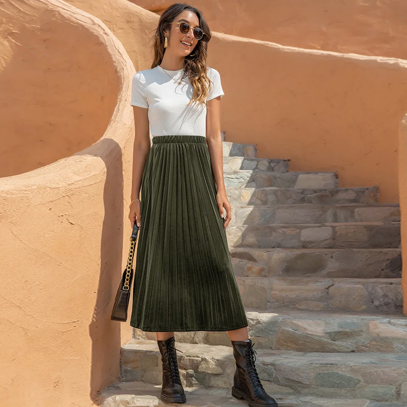 

SurainSun 2021 new summer skirts high waist women's fashion velvet casual A-line pleated skirt