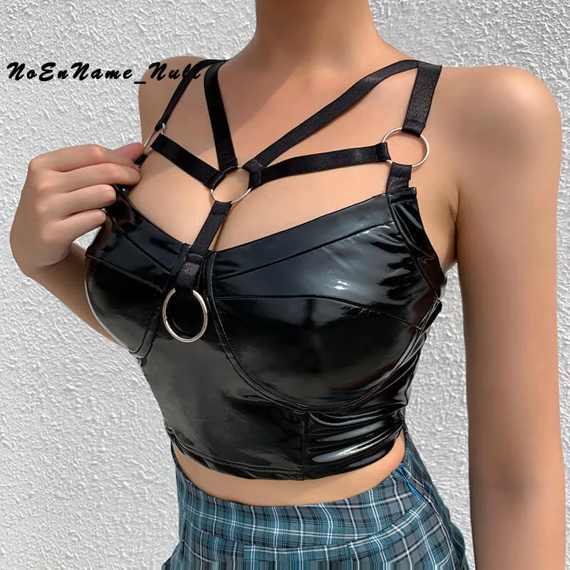 

Пикантный топ из лакированной кожи с открытой спиной, Женский Топ в стиле панк из искусственной кожи для ночного клуба, женский топ на брете...