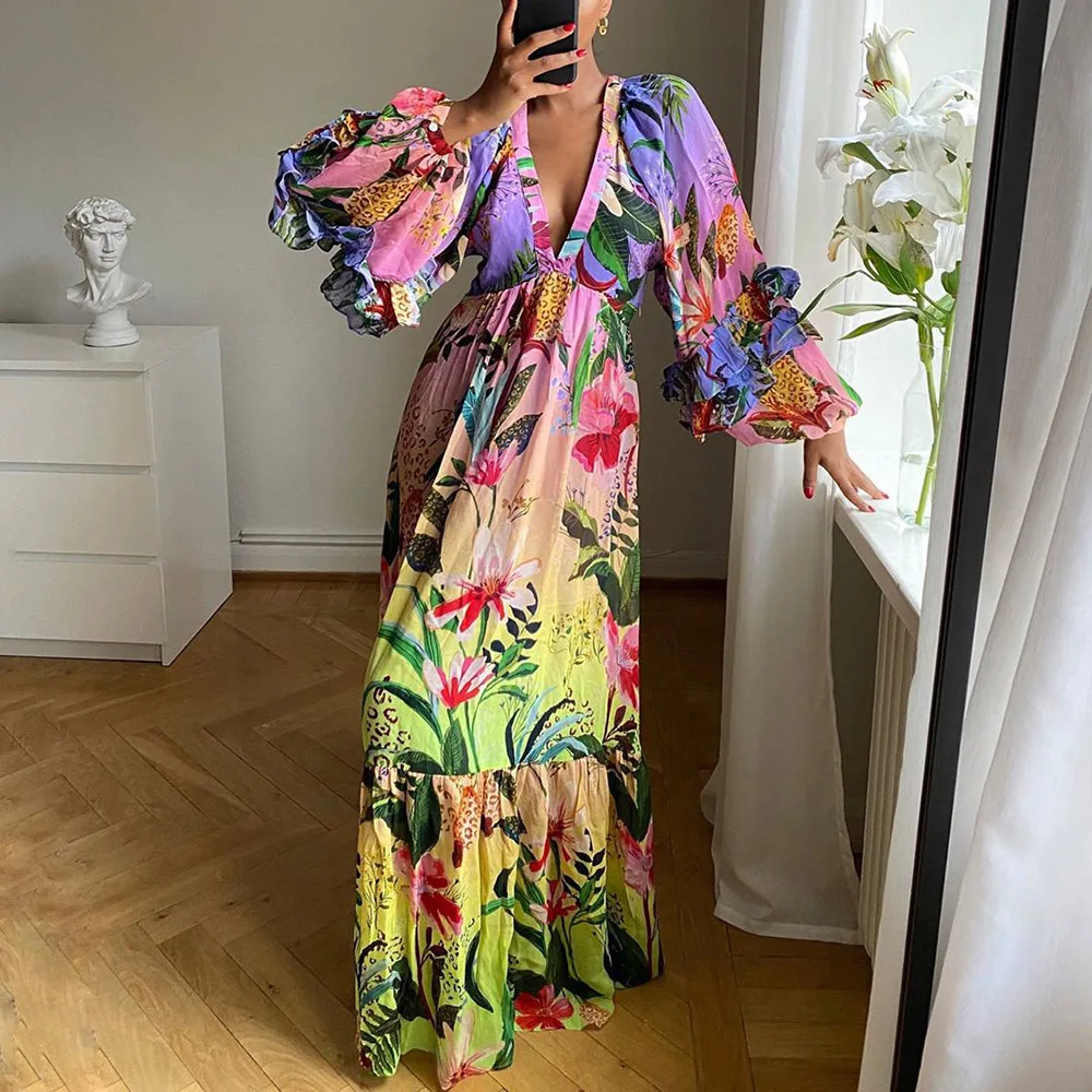 

Women Fall Long Maxi Dress Floral Print Vintage Deep V Neck Sandbeach Holiday Dress Bohemian Vestidos African Sexy Party Dress