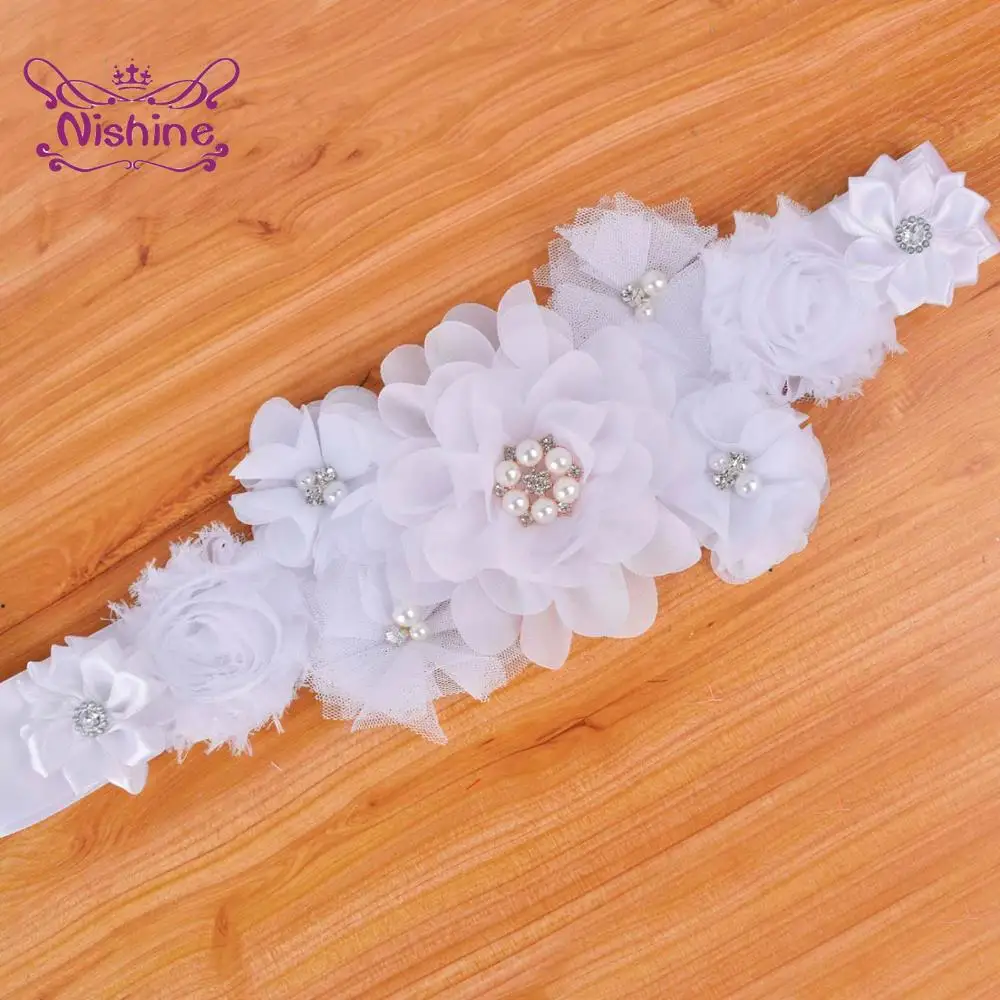 

Solid Color Handmade Flower Women Sash Hand Sewn Beads Chiffon Floral Maternity Belt Prom Dress Decoration Photography Accessory