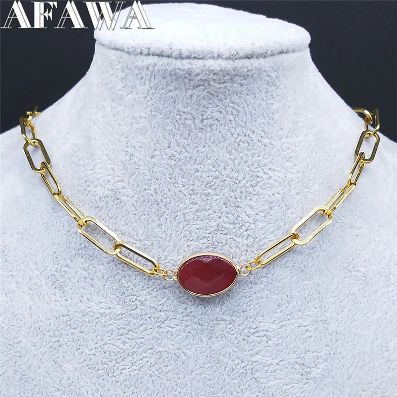 

Stainless Steel Red Natural Stone Chokers Necklaces Women Gold Color Hip Hop Pendant Necklace Jewelry collier femme NZ5S02