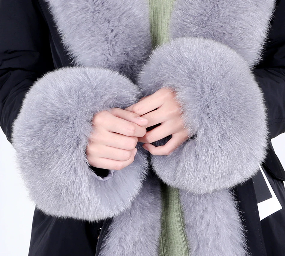 MAOMAOKONG Natural real fox fur with cuff fur Women's Jacket Thick Parka Coat Natural Real Fox Fur Collar Removable lining