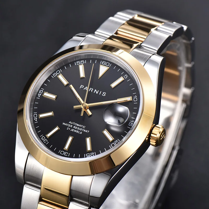 

Fashion Parnis Black Dial Automatic Men's Watches Calendar 21 Jewels Mechanical Men Watch Reloj Hombre Marca De Lujo 2021 Man