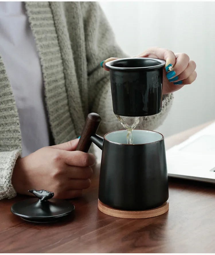 

Japanese Style HouseholdCeramicCup Solid Wood Handle Antiscald Filter Coffee Cup Water Cup Office Tea Cup Drinkware