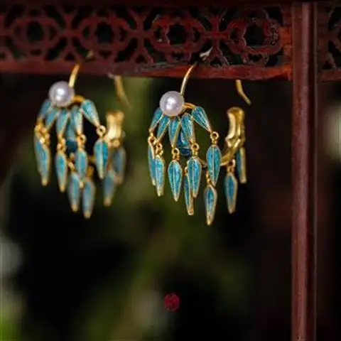 

Cloud Water Light | Bamboo Moon Shadow S925 Sterling Silver Gilding Enamel Inlaid Beads Bamboo Leaf Pattern Fashion All-Match Vi