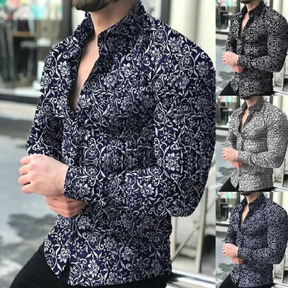 

Fashion Men's Casual Striped Floral Print Sleeve Lapel Comfort Slim Shirt Top 2019 New Hot Explosion