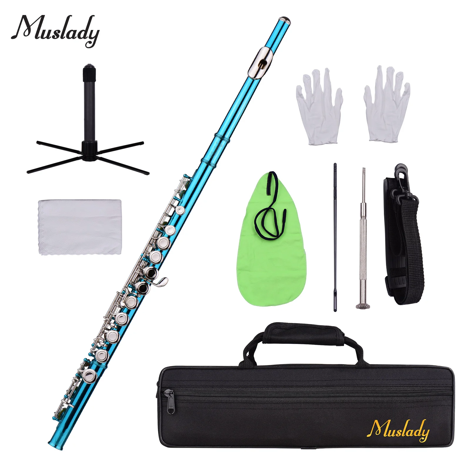 Muslady Closed Hole C Flute 16 Keys with Carry Case Flute Stand Cleaning Cloth Mini Screwdriver Cleaning Rod Wind Instrument